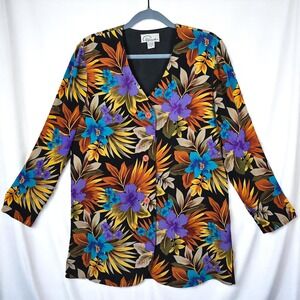Pappagallo Silk Floral Button Down Blazer Woman 12 Lined Bright‎ Tropical Print